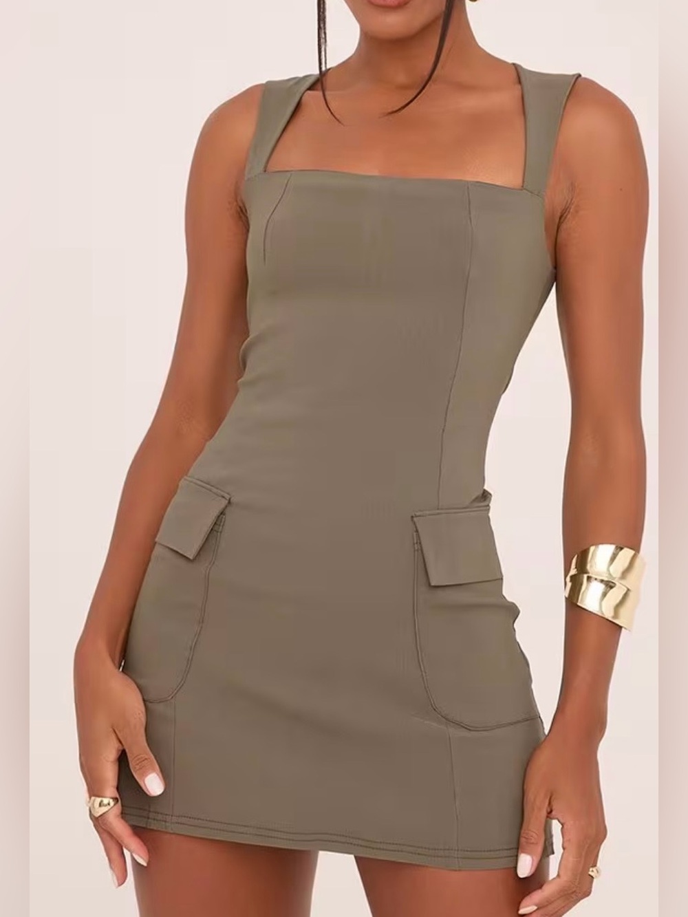 Olive Square-Neck Stretch Fabric Mini Dress with Pocket Details by EGO - 10